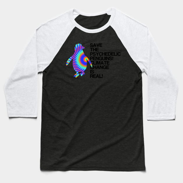 Psychedelic Penguins | Global Warming & Climate Change Baseball T-Shirt by MeatMan